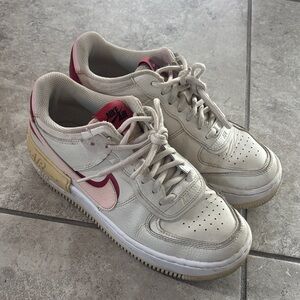 Nike Women's Air Force 1 Shadow Phantom Tan and Red Sneakers